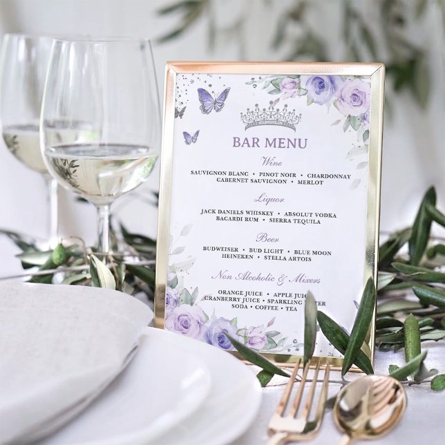 Póster Menú de barra Quinceañera Floral Plata de Lavanda  (Subido por el creador)