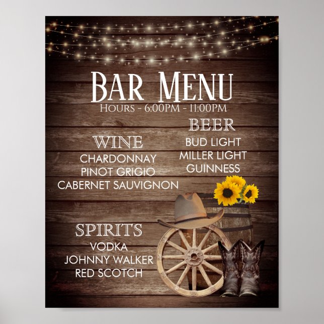 Póster Menú de barras - Boda de barril de madera de campo (Frente)