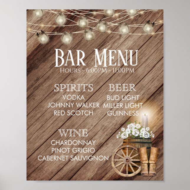 Póster Menú de barras - Boda de barril de madera rústica (Frente)