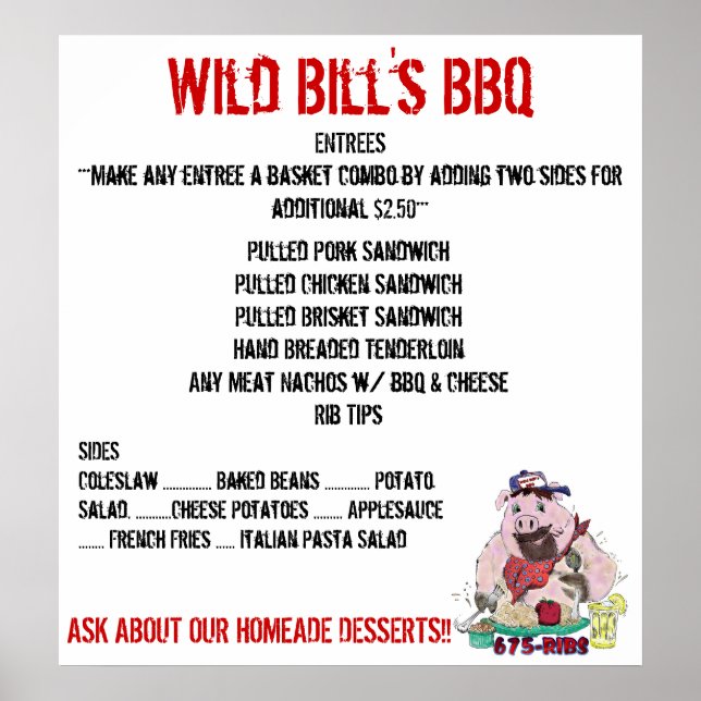 PÓSTER MENÚ DE BBQ DE WILD BILL (Frente)