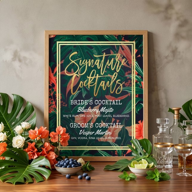 Póster Menú de Bebida con Firma de Boda Floral Tropical (Subido por el creador)