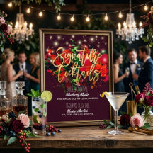 Menú de Bebida de Firma de Boda Floral Burgundy Ch