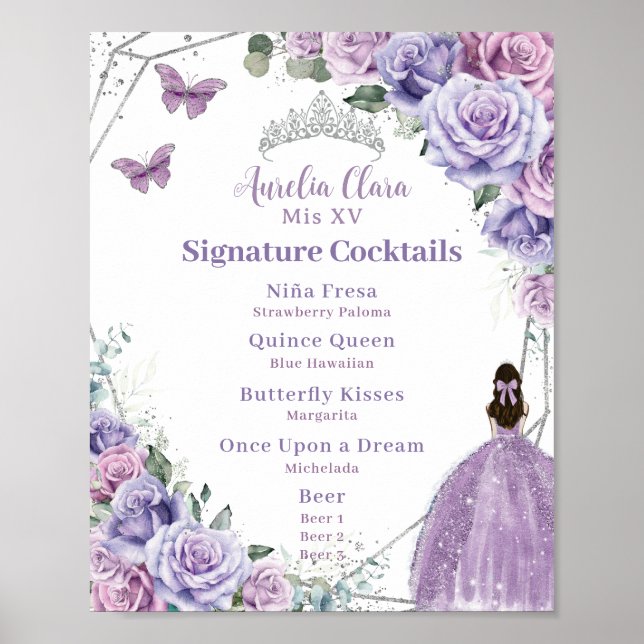 Póster Menú de bebida de Quinceañera floral de lavanda mo (Frente)