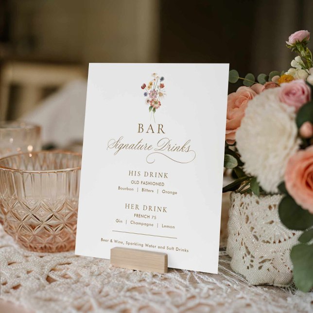 Póster Menú de Bebida Destacada para Boda de Flor Silvest (Wildflower Wedding Bar Sign)