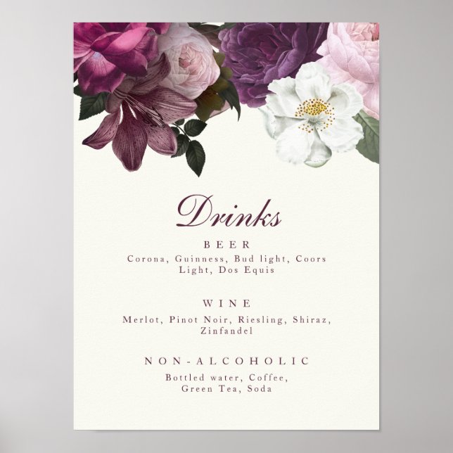 Póster Menú de bebida floral morada oscura (Frente)