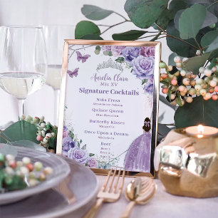 Póster Menú de bebida Quinceanera floral de lavanda morad