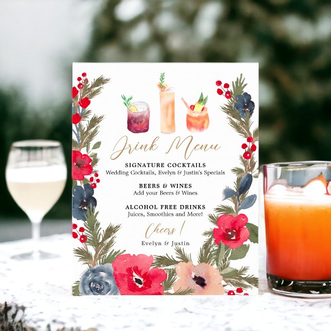Póster Menú de bebida Rústico Boda Floral de invierno (Rustic Winter Floral Watercolor Wedding Drink Menu Poster)