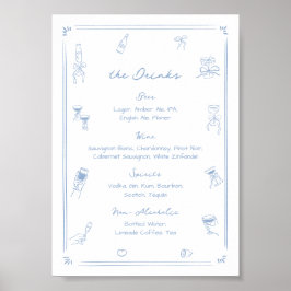 Póster Menú de bebidas blancas y azules dibujadas a mano
