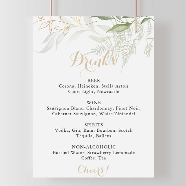 Póster Menú de bebidas boda Rótulo de follaje verde oro (Subido por el creador)