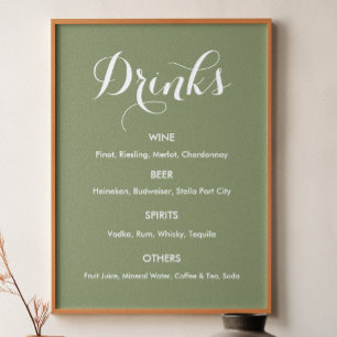 Póster Menú de Bebidas Boda Verde Salvia  