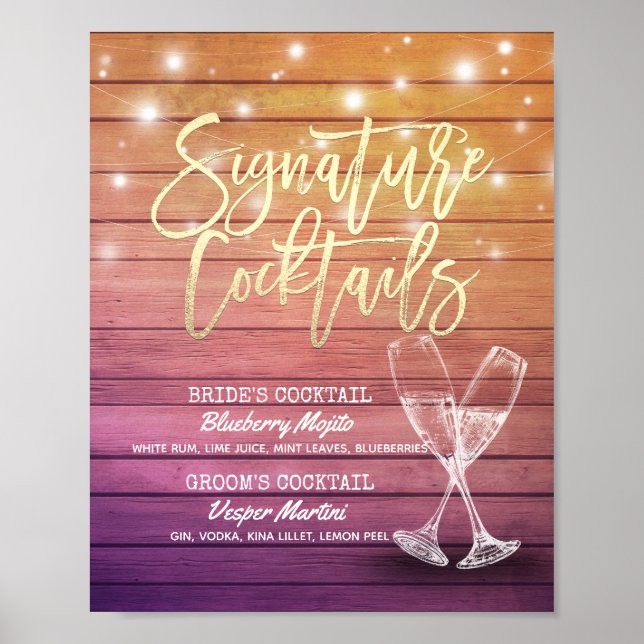 Póster Menú de bebidas bodas Menú de champán Madera de vi (Frente)