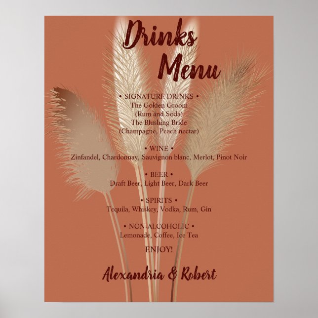 Póster Menú de Bebidas Cartel de Boda de Hierba de Pampas (Frente)