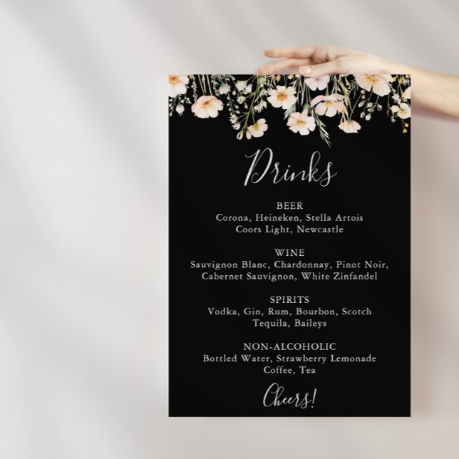 Póster Menú de bebidas clásicas de Boda negro de flores s (Subido por el creador)