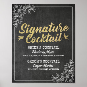 Póster Menú de bebidas con Boda floral Chalkboard