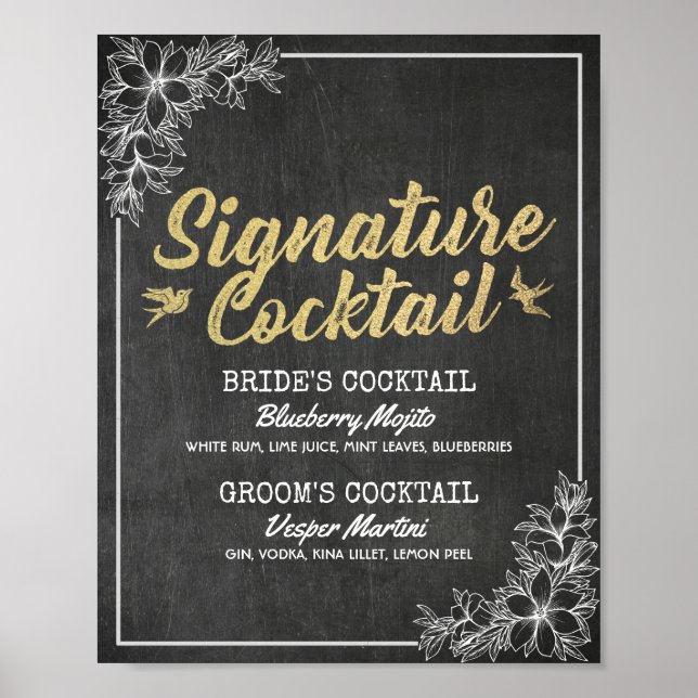 Póster Menú de bebidas con Boda floral Chalkboard (Frente)