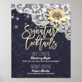 Póster Menú de bebidas con boda Lace Sunflower Lights