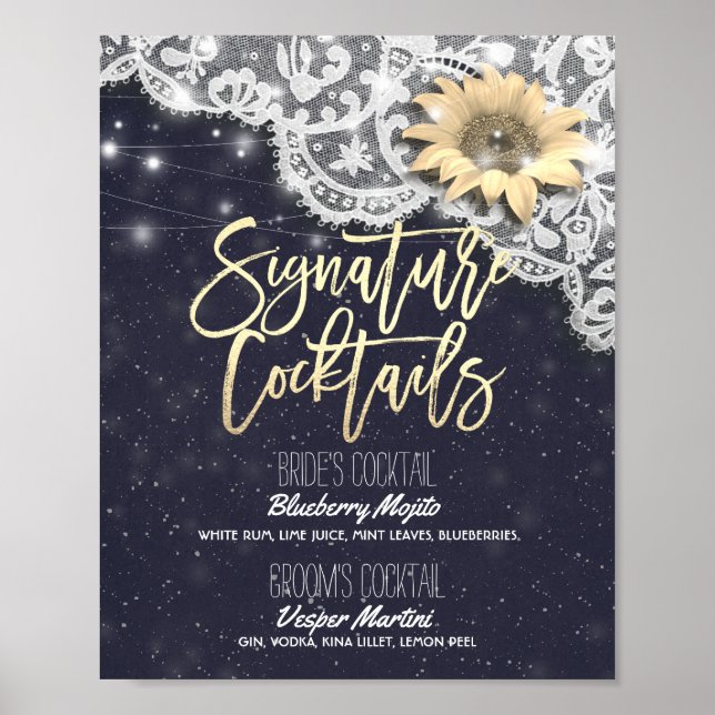 Póster Menú de bebidas con boda Lace Sunflower Lights (Frente)