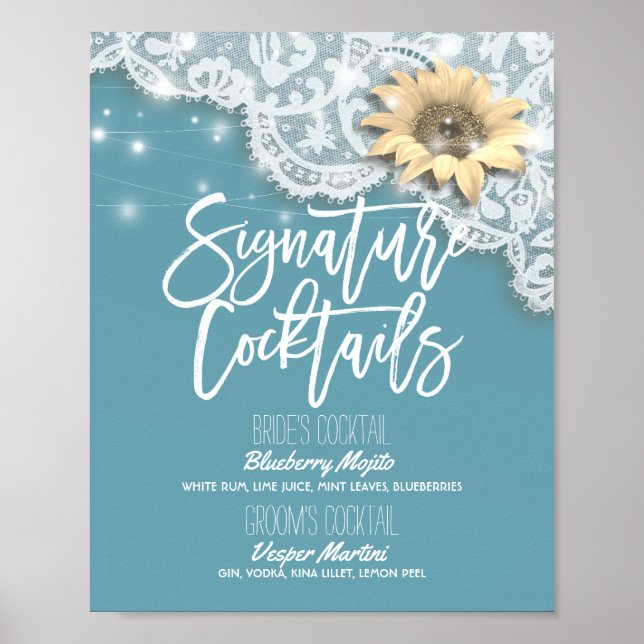 Póster Menú de bebidas con boda Lace Sunflower Lights (Frente)