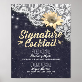 Póster Menú de bebidas con boda Lace Sunflower Lights