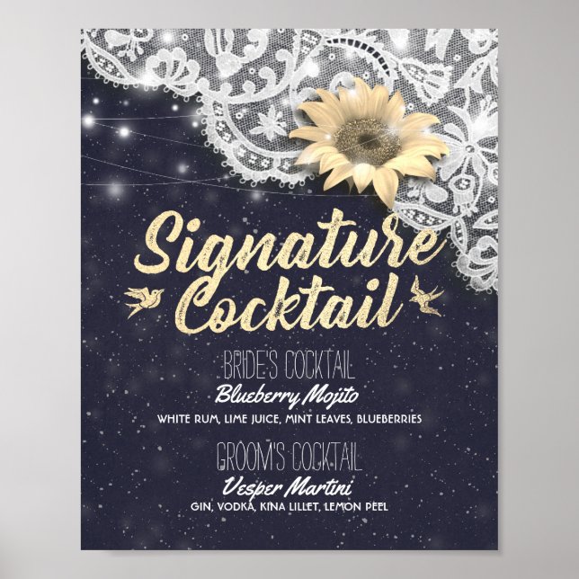 Póster Menú de bebidas con boda Lace Sunflower Lights (Frente)