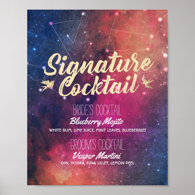 Póster Menú de bebidas con firma boda Constelaciones de g (Frente)