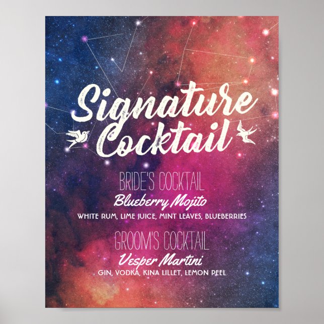 Póster Menú de bebidas con firma boda Constelaciones de g (Frente)