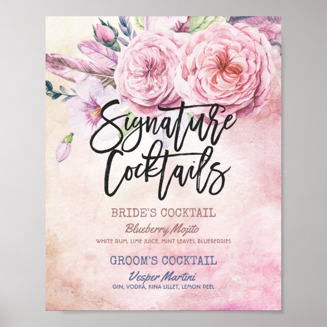 Póster Menú de bebidas con firma Boho Floral Feathers bod (Frente)