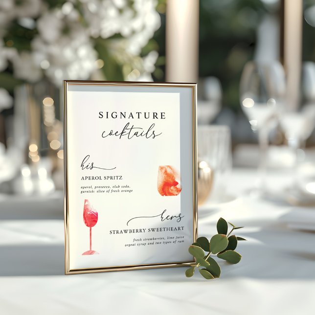 Póster Menú de Bebidas con Firma de Acuarela Moderna para (Modern Watercolor Signature Drinks Wedding Menu Poster)