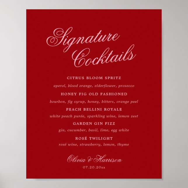Póster Menú de Bebidas con Firma de Letra Script Rosa Roj (Frente)