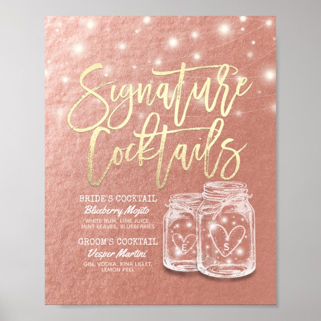 Póster Menú de bebidas con firma Mason Jars Rosa Gold (Frente)