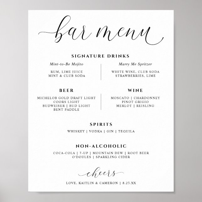 Póster Menú de Bebidas de Bar de Boda Bebidas de Firma El (Frente)