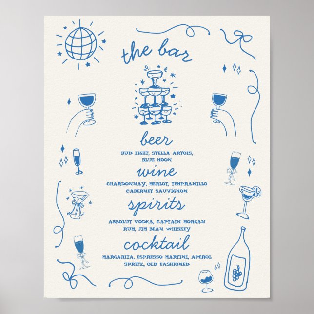 Póster Menú de Bebidas de Bar Dibujado a Mano para Boda (Frente)