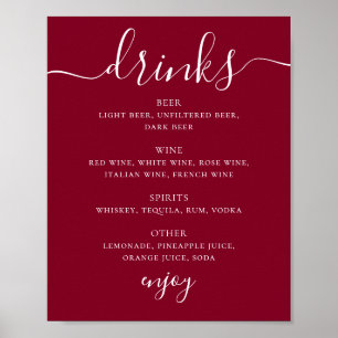 Póster Menú de Bebidas de Barra de Boda Clásico Burgundy