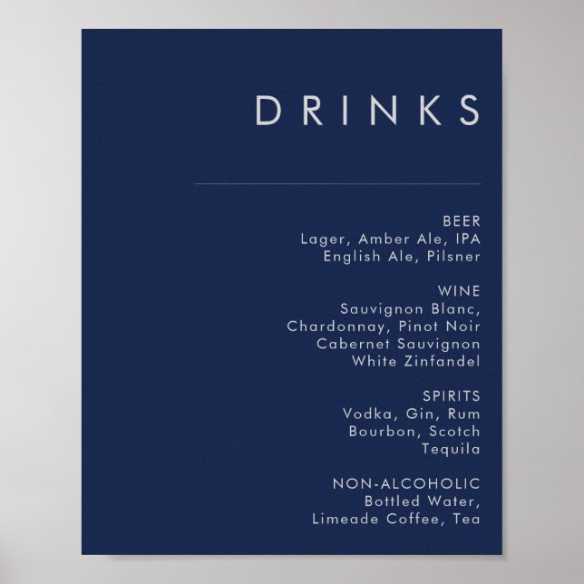 Póster Menú de Bebidas de Boda Azul Marino Moderno Platea (Frente)