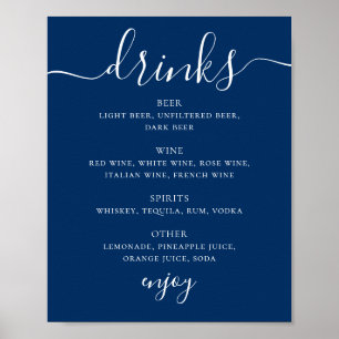 Póster Menú de Bebidas de Boda Azul Profundo Navy Menú