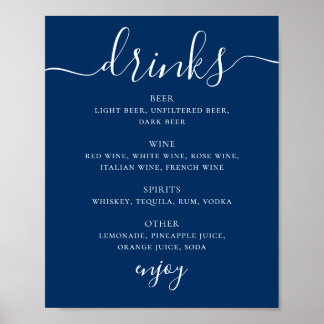 Póster Menú de Bebidas de Boda Azul Profundo Navy | Menú 
