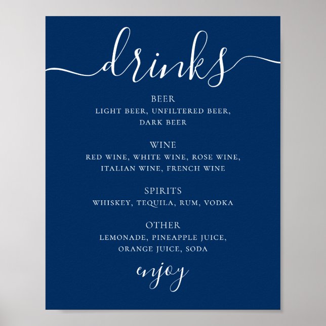 Póster Menú de Bebidas de Boda Azul Profundo Navy | Menú  (Frente)