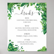 Menú de bebidas de boda con follaje verde acuarela