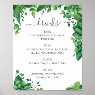 Póster Menú de bebidas de boda con follaje verde acuarela