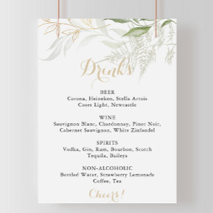 Póster Menú de Bebidas de Boda con Follaje Verde Dorado
