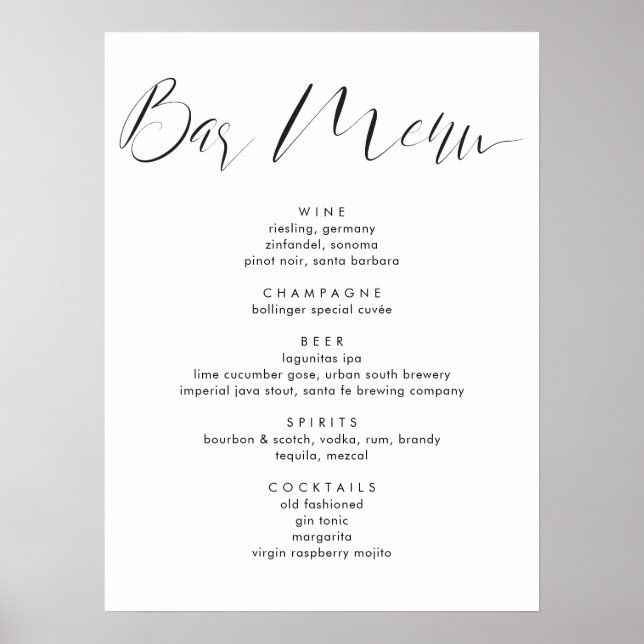 Póster Menú de Bebidas de Boda con Letra de Caligrafía Mo (Frente)