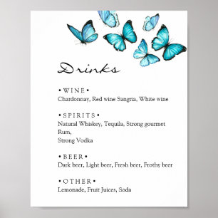 Póster Menú de bebidas de boda con mariposas azules elega