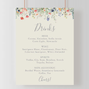 Póster Menú de bebidas de Boda de flores silvestres multi