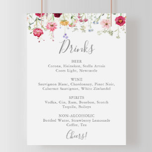 Póster Menú de bebidas de Boda de flores silvestres multi
