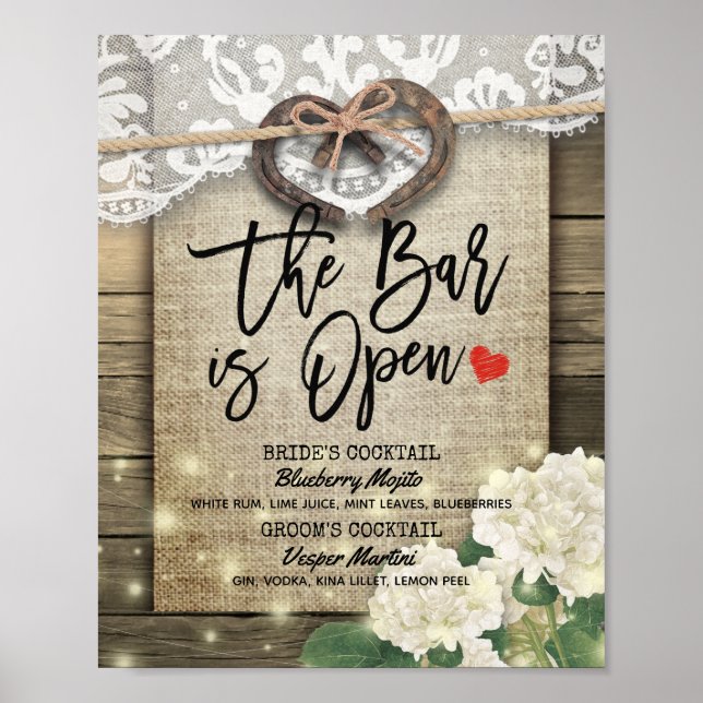 Póster Menú de Bebidas de Boda de Madera de Herradura El  (Frente)