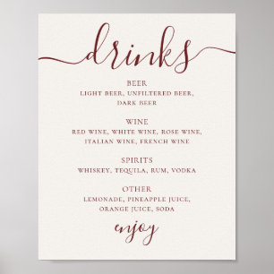 Póster Menú de Bebidas de Boda de Marfil Suave   Letrero 