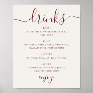 Póster Menú de Bebidas de Boda de Marfil Suave | Letrero