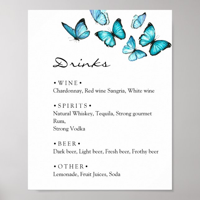 Póster Menú de bebidas de boda de mariposas azules elegan (Frente)