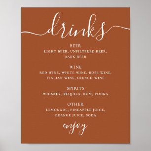 Póster Menú de Bebidas de Boda de Sienna   Letrero de Bar