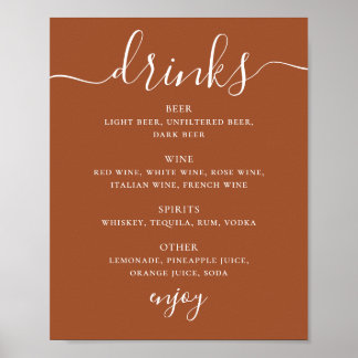Póster Menú de Bebidas de Boda de Sienna | Letrero de Bar